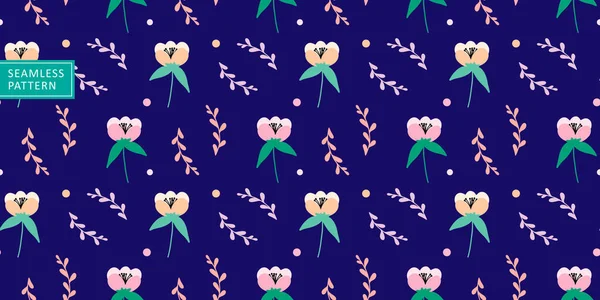 包装紙 カバーのための濃い青の背景に小さな花や枝とかわいい陽気なベクトルシームレスなパターン — ストックベクタ
