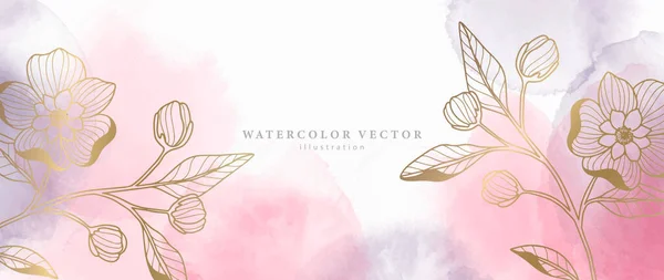 Векторний Рожевий Акварельний Фон Золотими Квітами Гілками Листям Декору Обкладинки — стоковий вектор
