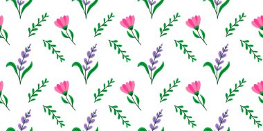 Tekstil ürünleri, ambalaj kağıtları, kapaklar, arka planlar için beyaz arka planda küçük çiçekler ve dallarla romantik vektörsüz desen.