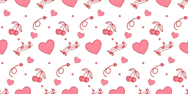 Romantisches Vektor Nahtloses Muster Mit Niedlichen Rosa Herzen Kirschen Liebespfeilen — Stockvektor