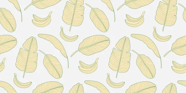 Sommervektornahtloses Tropisches Muster Mit Gelben Bananen Und Bananenblättern Auf Weißem — Stockvektor
