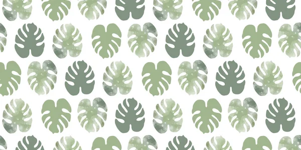 Тропический Вектор Бесшовный Узор Акварелью Зеленые Листья Монстра Белом Фоне — стоковый вектор