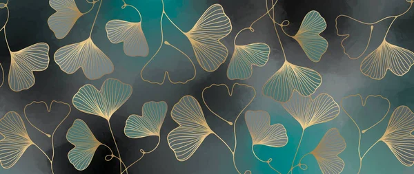Vector Floral Luxury Illustration Golden Ginkgo Biloba Leaves Dark Blue — Stock Vector
