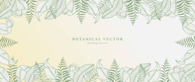 Palmiye yaprakları ve eğreltiotu olan yeşil bir vektör. Fotoğraf, metin, kartpostallar, kartvizitler, vektör çerçevesi için botanik arkaplan