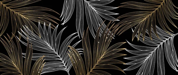 Fond Tropical Luxe Sombre Avec Des Feuilles Palmier Dorées Blanches — Image vectorielle