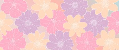 Renkli çiçeklerle süslenmiş narin pembe çiçek arkaplanı. Dekor, kapak, duvar kağıtları, kartpostallar ve sunumlar için arkaplan