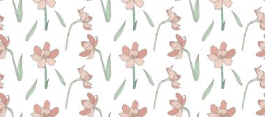 Çiçeksiz desenli, beyaz arka planda pembe çiçekler. Tekstil, ambalaj kağıdı, kapak, arka plan, duvar kağıtları için desen