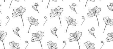 Siyah ve beyaz, dalları, tomurcukları ve çiçekleri olan dikişsiz çiçek deseni. Tekstil, ambalaj kağıdı, kapak, arka plan, dekor deseni