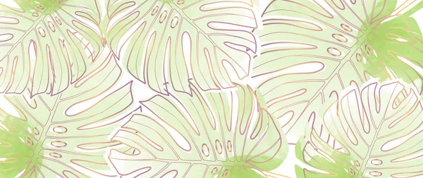 Grüner Aquarell Tropischer Hintergrund Mit Goldenen Konturen Von Monsterblättern Hintergrund — Stockvektor