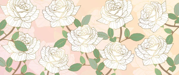 Нежный Роскошный Цветочный Фон Белыми Розами Золотыми Контурами Фон Декора — стоковый вектор