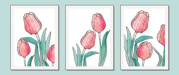 Zestaw Trzech Obrazów Minimalistycznym Kwiatowym Stylu Delikatnymi Różowymi Tulipanami Obrazy — Wektor stockowy
