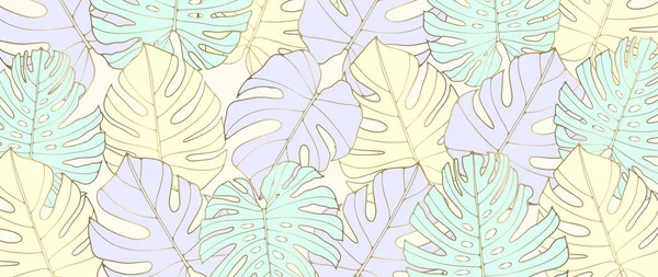 Tropisch Zarter Hintergrund Mit Monstera Blättern Eibisch Nuancen Abstrakter Botanischer — Stockvektor