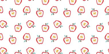 Beyaz arka planda sevimli elmalar olan parlak, yaz desenli bir şablon. Tekstil deseni, ambalaj kağıdı, arka plan, duvar kağıdı, dekor