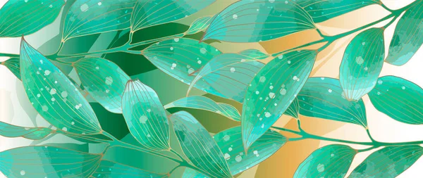 Abstrakt Grön Akvarell Bakgrund Med Gyllene Grenar Och Blad Botanisk — Stock vektor