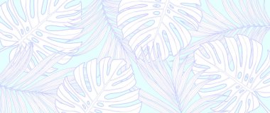 Canavar yaprakları ve palmiye yapraklarıyla açık mor tropikal bir arka plan. Dekor, duvar kağıtları, kapaklar, kartpostallar ve sunumlar için narin arkaplan