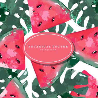 Yeşil canavar yaprakları ve sulu karpuz dilimleriyle aydınlık yaz karesi arka planı. Kartpostallar, dekor, kartvizitler, sosyal ağlardaki paylaşımlar için arka plan.