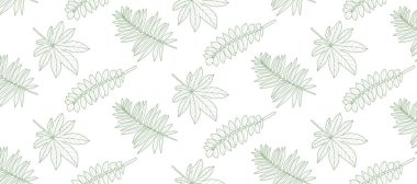 Yeşil dalları ve yaprakları olan beyaz, pürüzsüz tropikal desen. Tekstil, ambalaj kağıdı, kapak ve arkaplan, öge tasarımları için desen.