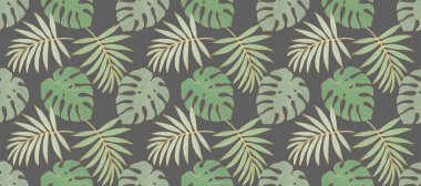 Koyu gri arka planda yeşil canavarlar ve palmiye yaprakları olan tropik, pürüzsüz bir desen. Duvar kağıtları, arka planlar, tekstil, kapaklar, öge tasarımları için desen