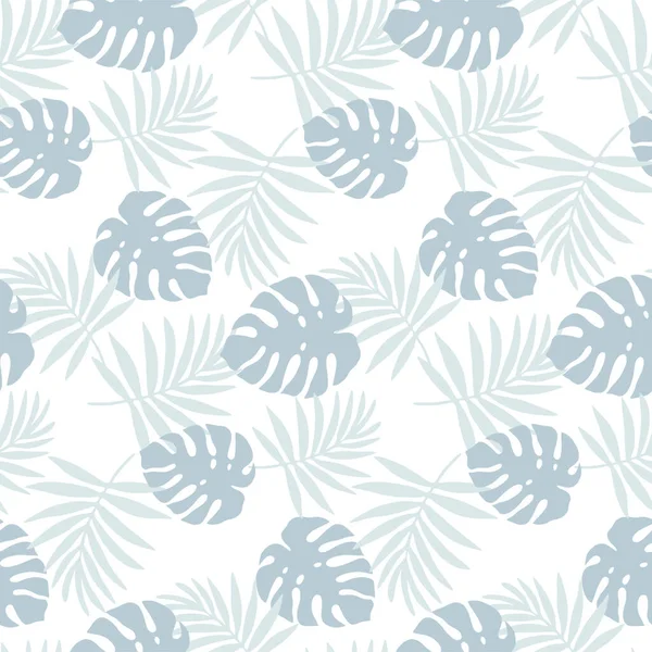 Тропический Бесшовный Рисунок Голубыми Пальмовыми Ветвями Листьями Монстров Белом Фоне — стоковый вектор