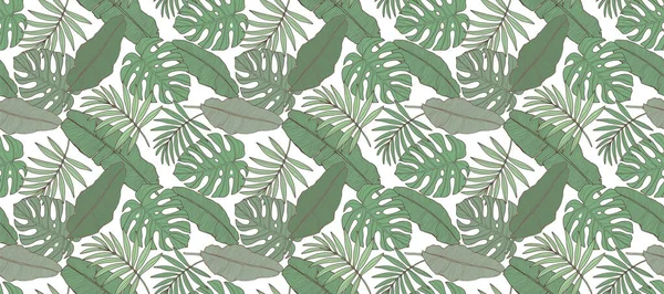 Тропический Бесшовный Узор Зеленым Монстром Пальмовыми Листьями Банановыми Листьями Шаблон — стоковый вектор