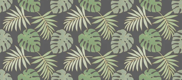 Tropisches Nahtloses Muster Mit Grünem Monstera Und Palmblättern Auf Dunkelgrauem — Stockvektor