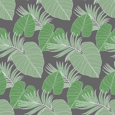 Gri arka planda çeşitli yaprakları olan yeşil, pürüzsüz bir desen. Tekstil deseni, ambalaj kağıdı, duvar kağıdı, kapak, dekor