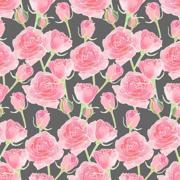 Padrão Floral Sem Costura Com Rosas Rosa Delicadas Fundo Cinza — Vetor de Stock