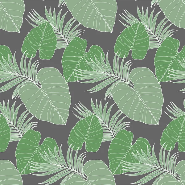 Grünes Tropisches Nahtloses Muster Mit Verschiedenen Blättern Auf Grauem Hintergrund — Stockvektor