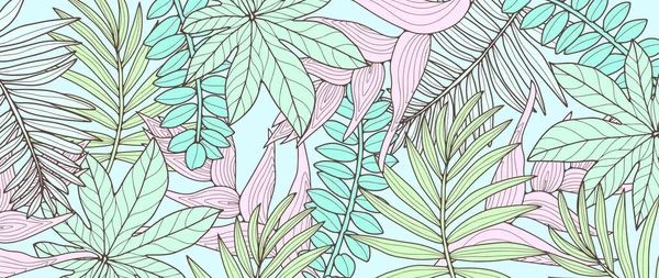 Zarter Tropischer Hintergrund Mit Palmblättern Farnen Und Anderen Tropischen Pflanzen — Stockvektor