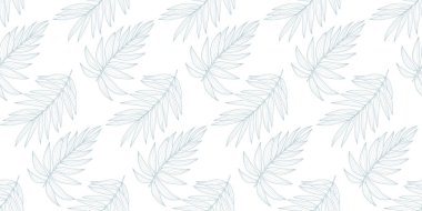 Mavi dalları ve beyaz arka planda yaprakları olan minimal botanik kusursuz desen. Tekstil, ambalaj kağıdı, kapak, arka plan, duvar kağıtları için desen