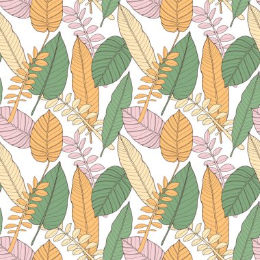 Beyaz arka planda dalları ve yaprakları olan dikişsiz sonbahar deseni. Tekstil, ambalaj kağıdı, duvar kâğıtları, kapaklar ve arka planlar için botanik desen