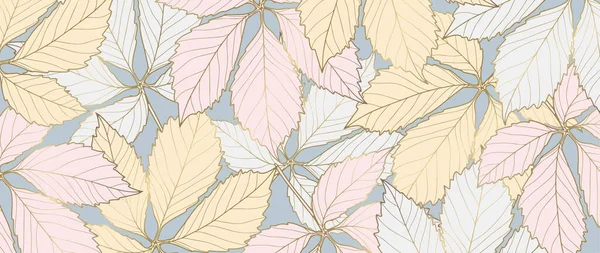 Botanischer Herbsthintergrund Mit Blättern Pastellfarben Und Goldenen Umrissen Zarter Hintergrund — Stockvektor