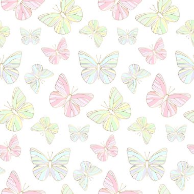 Beyaz arka planda pastel renkli kelebeklerle kusursuz bir desen. Tekstil, ambalaj kağıdı, kapak, arkaplan, dekor için vektör deseni.