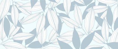 Dalları ve yaprakları olan açık mavi bir botanik geçmişi var. Dekor, kapak, kartpostallar ve sunumlar için arkaplan.