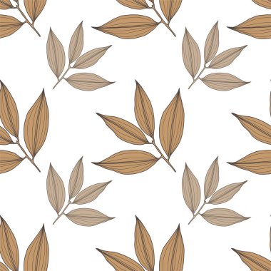 Beyaz arka planda dalları ve yaprakları olan dikişsiz sonbahar deseni. Tekstil deseni, ambalaj kağıdı, kapak, arka plan.