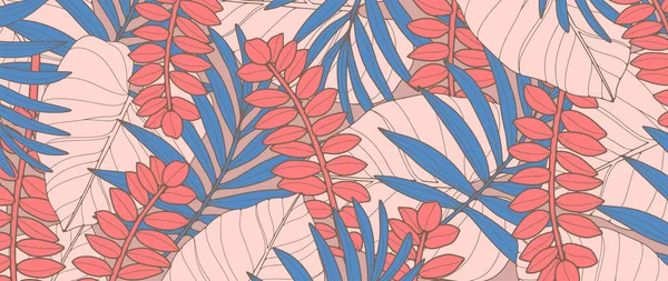 Botanischer Hintergrund Mit Tropischen Pflanzen Blau Rosa Farben Tropischer Hintergrund — Stockvektor