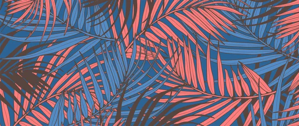 Mavi-pembe renkli palmiye dalları olan tropik bir arka plan. Dekor, kapak, kartpostallar ve sunumlar için botanik arkaplan.