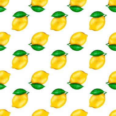 Beyaz arka planda sarı limonlu meyvesiz desen. Tekstil, ambalaj kağıdı, duvar kâğıtları, kapaklar ve arka planlar için desen.