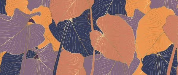 Tropisch Abstrakter Hintergrund Mit Blättern Herbstfarben Und Goldenen Umrissen Botanischer — Stockvektor