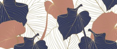 Tropikal yaprakları mercan, mavi tonları altın kaplamalı botanik arka plan. Dekor, duvar kağıtları, kapaklar, kartlar ve sunumlar için lüks arkaplan.