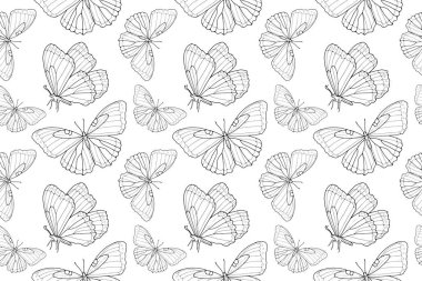 Şirin kelebekli siyah ve beyaz vektör deseni. Tekstil, ambalaj kağıdı, duvar kâğıtları, kapaklar ve arka planlar için desen