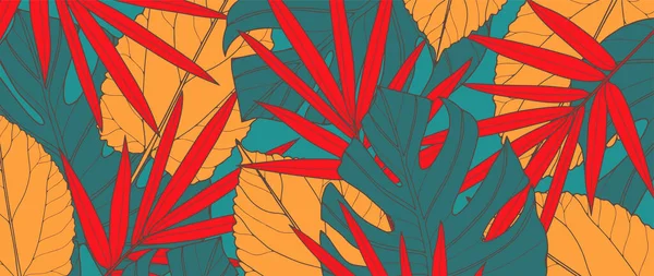 Яркий Осенний Ботанический Фон Желтыми Бирюзовыми Красными Ветвями Листьями Абстрактный — стоковый вектор