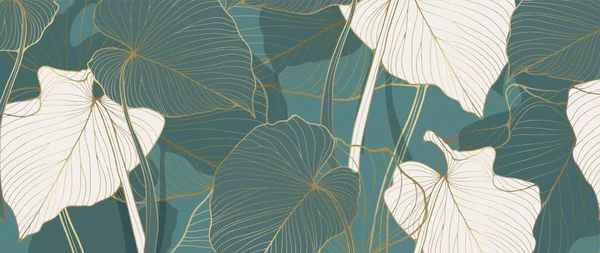 Dunkeltürkis Luxuriöser Botanischer Hintergrund Mit Weißen Tropischen Blättern Und Goldenen — Stockvektor