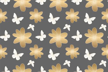 Çiçeksiz desenli, altın çiçekli ve gri arka planda beyaz kelebekli. Tekstil, ambalaj kağıdı, duvar kağıdı, kapak ve sunumlar için desen.