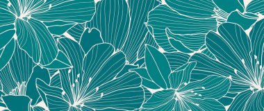 Turkuaz çiçekli arka plan, beyaz çizgili narin çiçekler. Sosyal ağlarda dekor, duvar kağıdı, kapak, kart, sunum ve gönderiler için arkaplan.