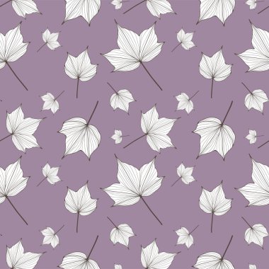Mor bir arka planda beyaz yapraklı, botanik desensiz desen. Tekstil, ambalaj kağıdı, duvar kağıdı, kapak ve arkaplan deseni.