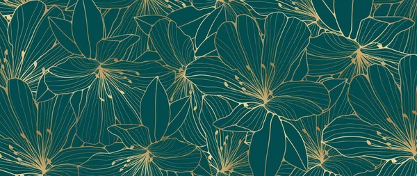 Fond Luxe Floral Turquoise Foncé Avec Contour Doré Fleurs Délicates — Image vectorielle
