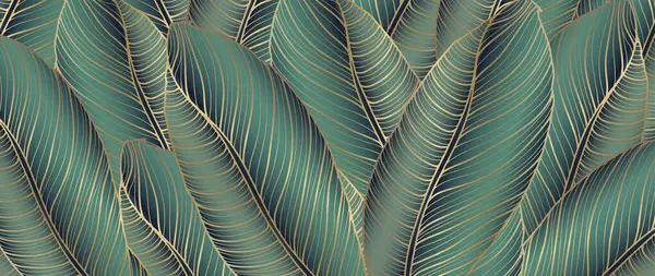 Gradient Luxury Background Golden Banana Leaves Turquoise Botanical Background Decor — Stock Vector