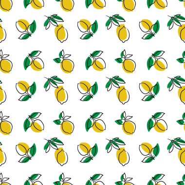 Beyaz arka planda sarı limon ve yeşil yapraklı meyve deseni. Tekstil, ambalaj kağıdı, duvar kağıdı, arkaplan deseni.