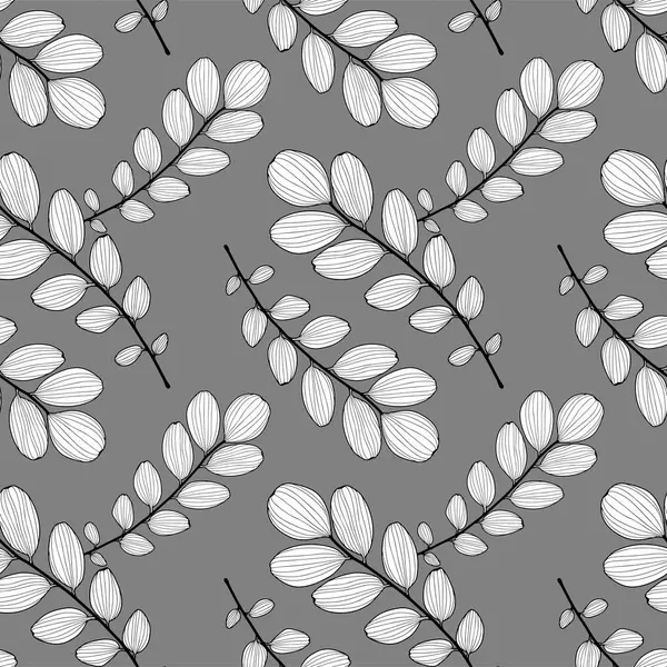 灰色简约无缝图案 白色分枝和叶子 纺织品矢量图案 包装纸 — 图库矢量图片